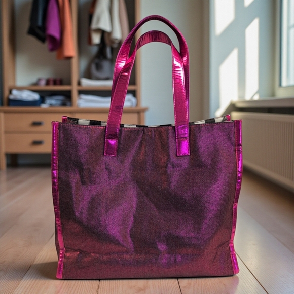 Juicy Couture Metallic Fuchsia Pink Tote Bag Gold JC Logo - Picture 7 of 11